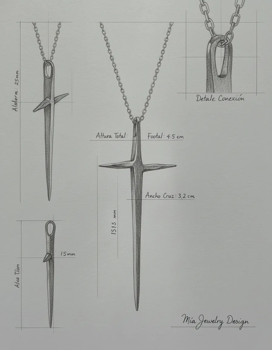 Technical pencil drawing of the La Cruz cross pendant with chain detail and measurements