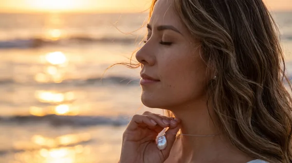 Imelda in serene profile, eyes closed, fingertips resting on her baroque pearl pendant at golden hour