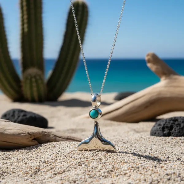 Whale-tail turquoise necklace hanging beside a cactus and driftwood on white sand, turquoise sea behind