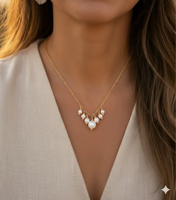 Delicate pearl necklace worn on the neckline of a white blouse, close-up without face