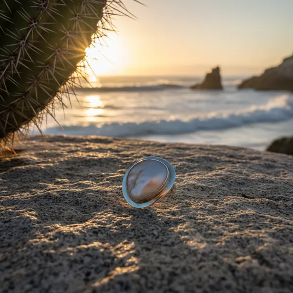 Adjustable silver mother-of-pearl ring on a rock under a cactus, with the sun setting over the ocean
